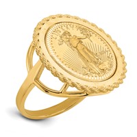 Wideband Distinguished Coin Jewelry 14K Yellow Gold Ladies' Polished Textured and Diamond-cut Rope Edge Mounted 0.10oz American Eagle Coin Bezel Ring view 1