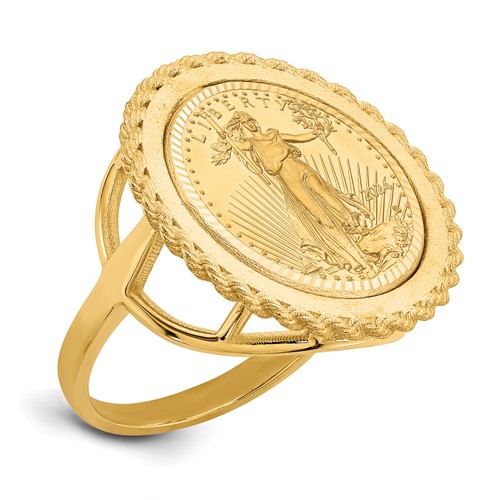 Wideband Distinguished Coin Jewelry 14K Yellow Gold Ladies' Polished Textured and Diamond-cut Rope Edge Mounted 0.10oz American Eagle Coin Bezel Ring