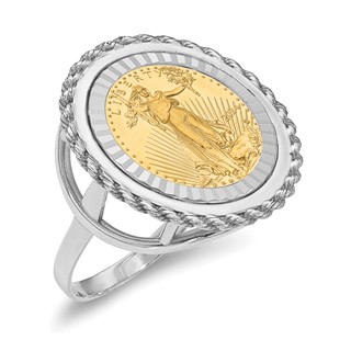 Wideband Distinguished Coin Jewelry 14k White Gold Ladies' Polished Textured and Diamond-cut Rope Edge Mounted 1/10oz American Eagle Coin Bezel Ring
