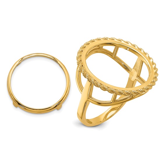 Wideband Distinguished Coin Jewelry 14k Ladies' Polished and Textured Rope Edge 16.5mm Coin Bezel Ring