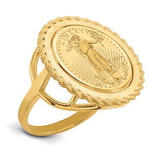Wideband Distinguished Coin Jewelry 14k Ladies' Polished and Textured Rope Edge Mounted 1/10oz American Eagle Coin Bezel Ring