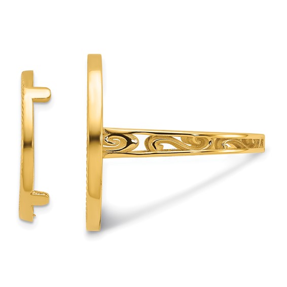 Wideband Distinguished Coin Jewelry 14k Ladies' Polished and Diamond-cut with Filigree Sides and Beaded Top 16.5mm Coin Bezel Ring