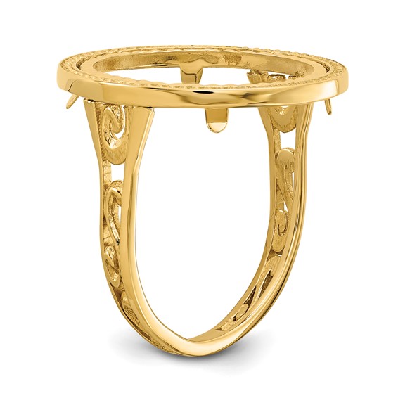 Wideband Distinguished Coin Jewelry 14k Ladies' Polished and Diamond-cut with Filigree Sides and Beaded Top 16.5mm Coin Bezel Ring