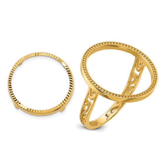 Wideband Distinguished Coin Jewelry 14k Ladies' Polished and Diamond-cut with Filigree Sides and Beaded Top 16.5mm Coin Bezel Ring