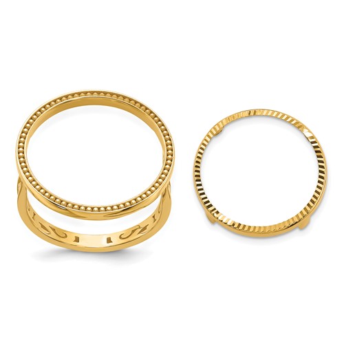 Wideband Distinguished Coin Jewelry 14K Yellow Gold Ladies' Polished and Diamond-cut Ring with Filigree Sides and Beaded Top 16.5mm Coin Bezel