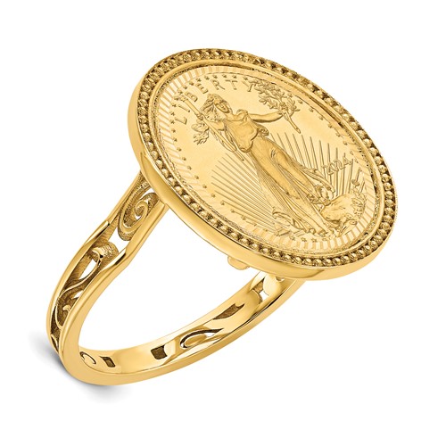 Wideband Distinguished Coin Jewelry 14K Yellow Gold Ladies' Polished and Diamond-cut Ring with Filigree Sides and Beaded Top Mounted 0.10oz American Eagle Coin Bezel