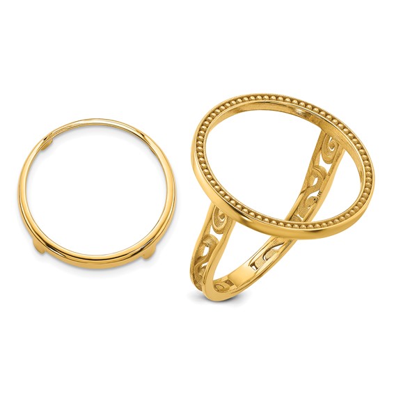 Wideband Distinguished Coin Jewelry 14k Ladies' Polished Filigree Sides and Beaded Top 16.5mm Coin Bezel Ring