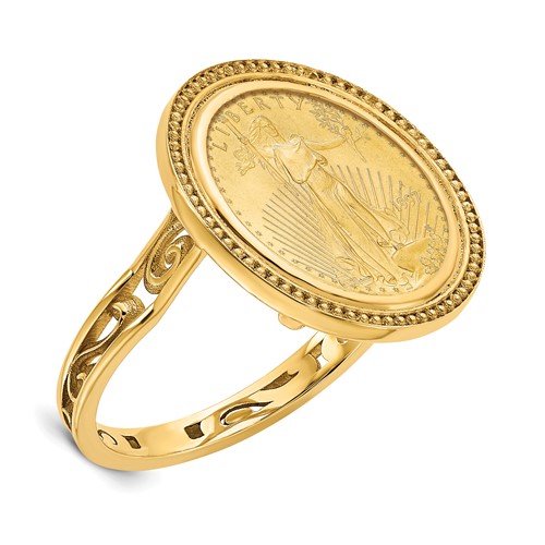 Wideband Distinguished Coin Jewelry 14K Yellow Gold Ladies' Polished Filigree Sides and Beaded Top Mounted 0.10oz American Eagle Coin Bezel Ring