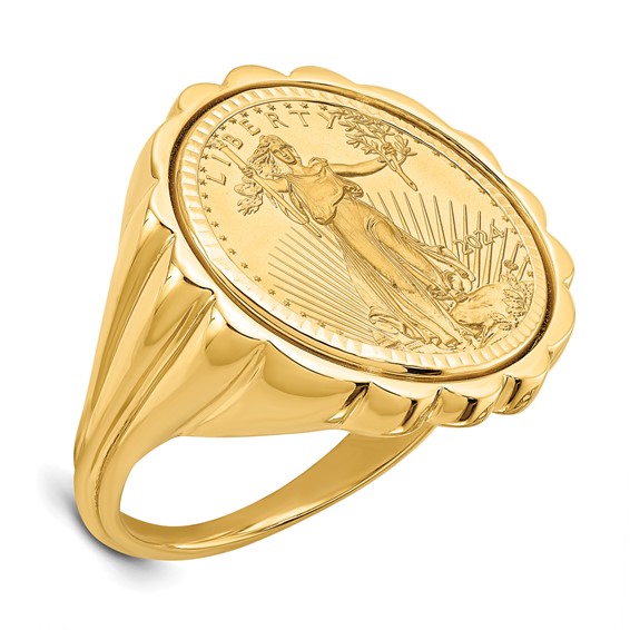 Wideband Distinguished Coin Jewelry 10k Ladies' Polished and Diamond-cut Fluted Mounted 1/10oz American Eagle Coin Bezel Ring
