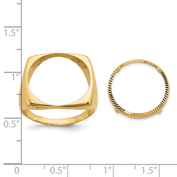 Wideband Distinguished Coin Jewelry 14k Men's Polished and Diamond-cut Square Shaped 16.5mm Coin Bezel Ring