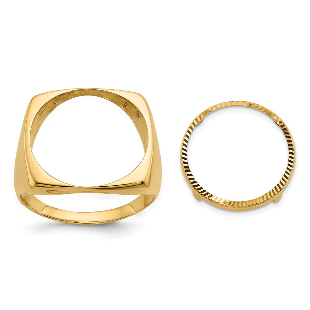 Wideband Distinguished Coin Jewelry 14k Men's Polished and Diamond-cut Square Shaped 16.5mm Coin Bezel Ring (CR4D/10AE)