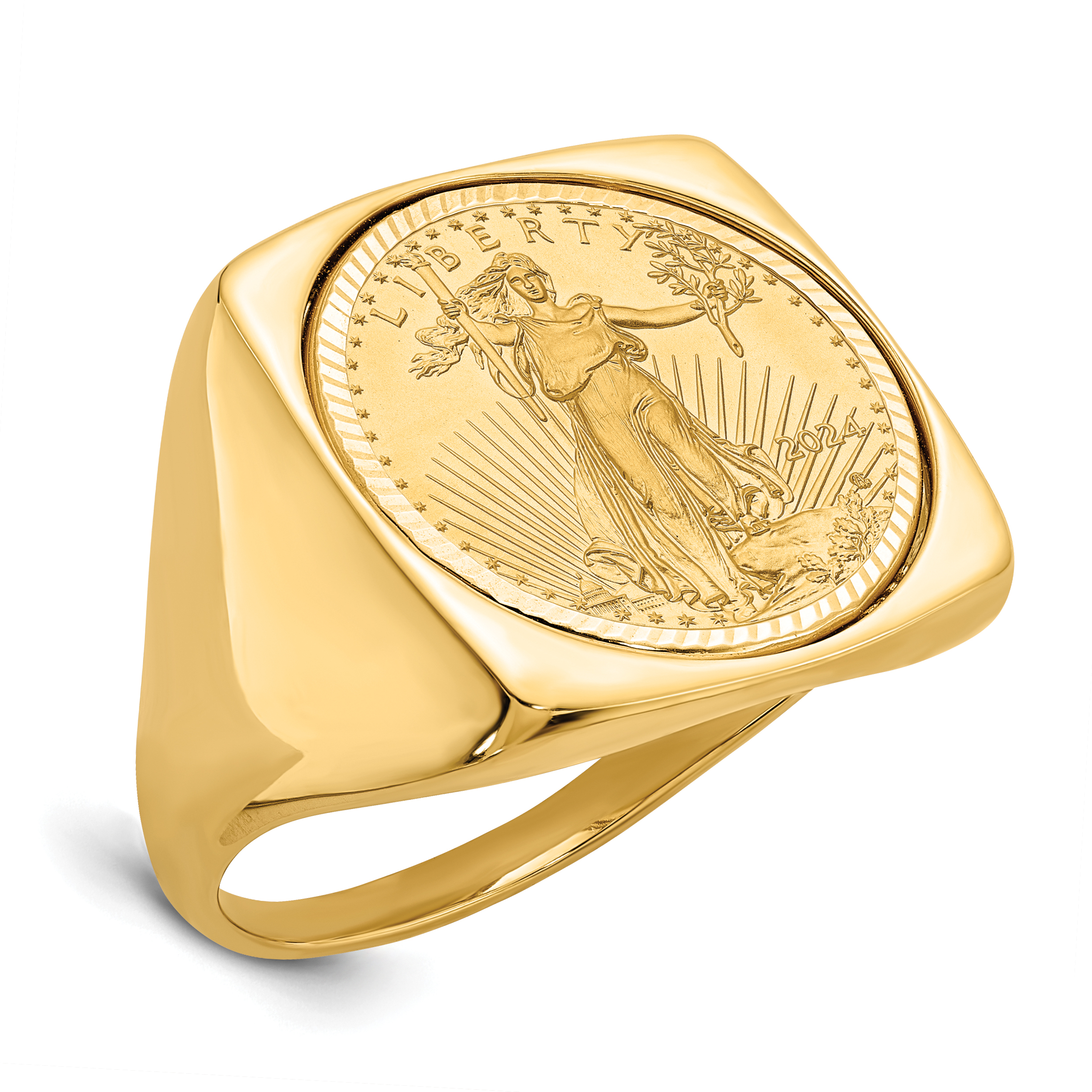 Wideband Distinguished Coin Jewelry 14k Men's Polished and Diamond-cut Square Shaped Mounted 1/10oz American Eagle Coin Bezel Ring (CR4D/10AEC)
