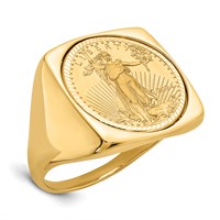 Wideband Distinguished Coin Jewelry 14K Yellow Gold Men's Polished and Diamond-cut Square Shaped Mounted 0.10oz American Eagle Coin Bezel Ring view 1