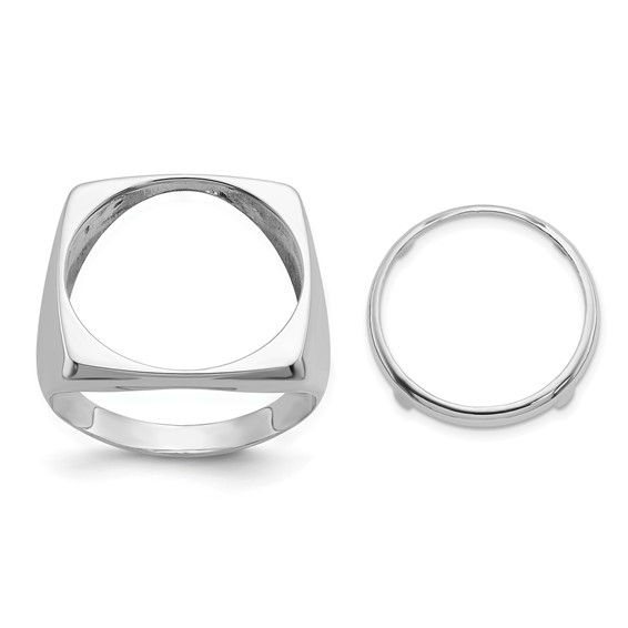 Wideband Distinguished Coin Jewelry 14k White Gold Men's Polished Square Shaped 16.5mm Coin Bezel Ring