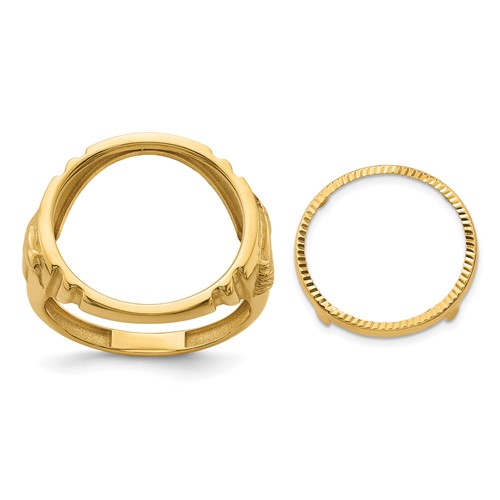 Wideband Distinguished Coin Jewelry 14K Yellow Gold Men's Polished and Diamond-cut Ring with Horse Sides 16.5mm Coin Bezel