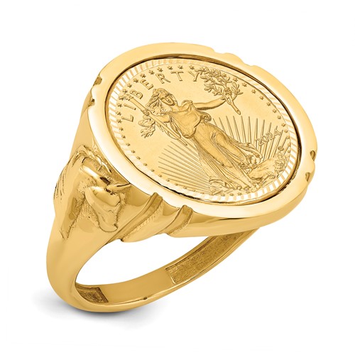Wideband Distinguished Coin Jewelry 14K Yellow Gold Polished and Diamond-cut Ring with Horse Sides Mounted 0.10oz American Eagle Coin Bezel