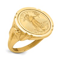 Wideband Distinguished Coin Jewelry 14K Yellow Gold Men's Polished Ring with Horse Sides Mounted 0.10oz American Eagle Coin Bezel view 1