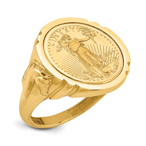 Wideband Distinguished Coin Jewelry 14K Yellow Gold Men's Polished Ring with Horse Sides Mounted 0.10oz American Eagle Coin Bezel