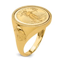 Wideband Distinguished Coin Jewelry 14K Yellow Gold Men's Polished Textured and Diamond-cut Ring with Eagle Side Mounted 0.10oz American Eagle Coin Bezel view 1