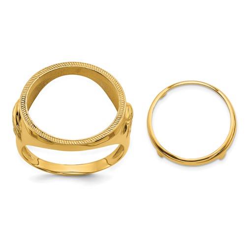 Wideband Distinguished Coin Jewelry 14K Yellow Gold Men's Polished and Textured Ring with Eagle Side 16.5mm Coin Bezel
