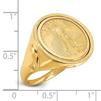 Wideband Distinguished Coin Jewelry 14K Yellow Gold Men's Polished and Textured Ring with Eagle Side Mounted 0.10oz American Eagle Coin Bezel view 2