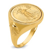 Wideband Distinguished Coin Jewelry 14K Yellow Gold Men's Polished and Textured Ring with Eagle Side Mounted 0.10oz American Eagle Coin Bezel view 1