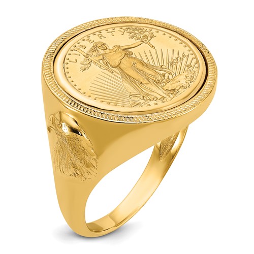 Wideband Distinguished Coin Jewelry 14K Yellow Gold Men's Polished and Textured Ring with Eagle Side Mounted 0.10oz American Eagle Coin Bezel