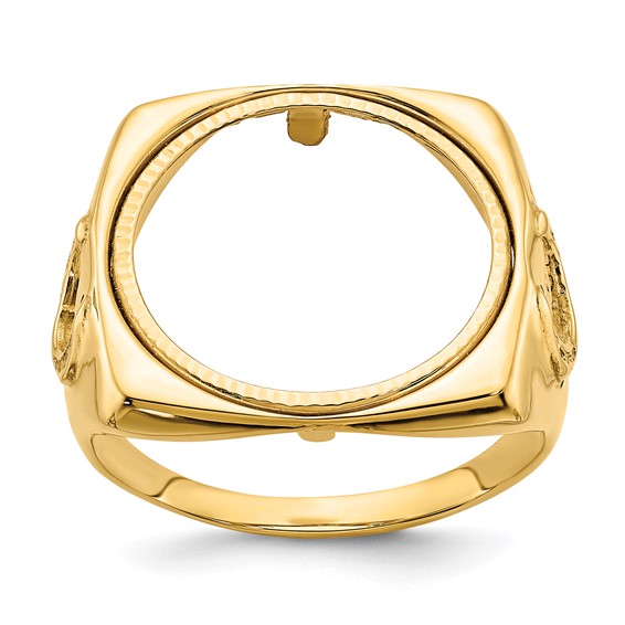 Wideband Distinguished Coin Jewelry 14k Men's Polished and Diamond-cut with Horseshoe Sides Square Shaped 16.5mm Coin Bezel Ring