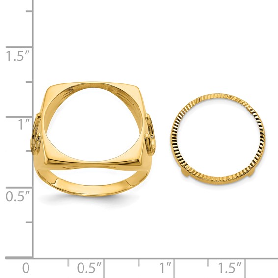 Wideband Distinguished Coin Jewelry 14k Men's Polished and Diamond-cut with Horseshoe Sides Square Shaped 16.5mm Coin Bezel Ring