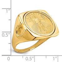 Wideband Distinguished Coin Jewelry 14K Yellow Gold Men's Polished and Diamond-cut Ring with Horseshoe Sides Square Shaped Mounted 0.10oz American Eagle Coin Bezel view 2