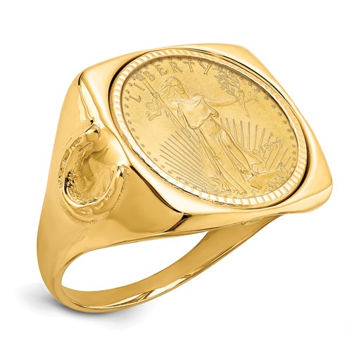 Wideband Distinguished Coin Jewelry 14K Yellow Gold Men's Polished and Diamond-cut Ring with Horseshoe Sides Square Shaped Mounted 0.10oz American Eagle Coin Bezel