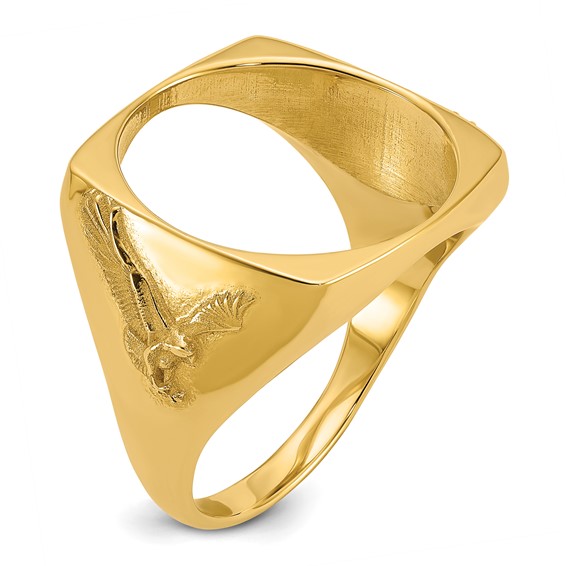 Wideband Distinguished Coin Jewelry 14k Men's Polished and Diamond-cut with Flying Eagle Side Square Shaped 16.5mm Coin Bezel Ring