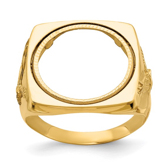 Wideband Distinguished Coin Jewelry 14k Men's Polished and Diamond-cut with Flying Eagle Side Square Shaped 16.5mm Coin Bezel Ring