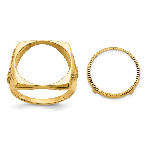 Wideband Distinguished Coin Jewelry 14k Men's Polished and Diamond-cut with Flying Eagle Side Square Shaped 16.5mm Coin Bezel Ring