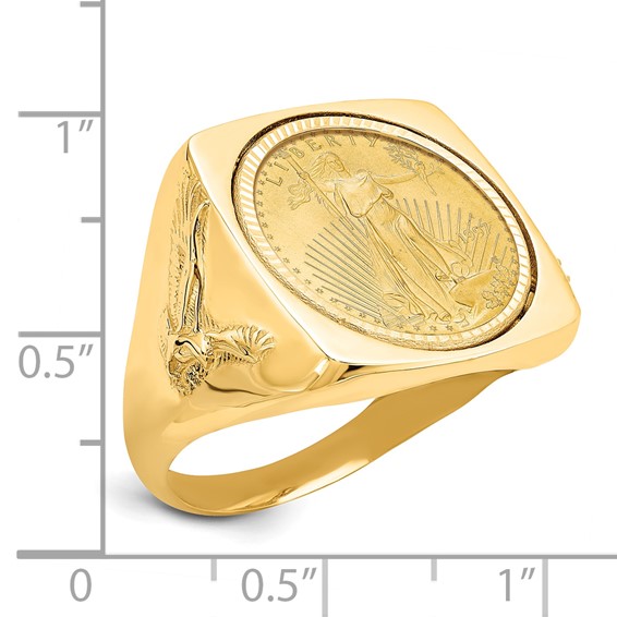 Wideband Distinguished Coin Jewelry 14k Men's Polished and Diamond-cut with Flying Eagle Side Square Shaped Mounted 1/10oz American Eagle Coin Bezel Ring