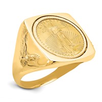 Wideband Distinguished Coin Jewelry 14K Yellow Gold Men's Polished and Diamond-cut Ring with Flying Eagle Side Square Shaped Mounted 0.10oz American Eagle Coin Bezel view 1