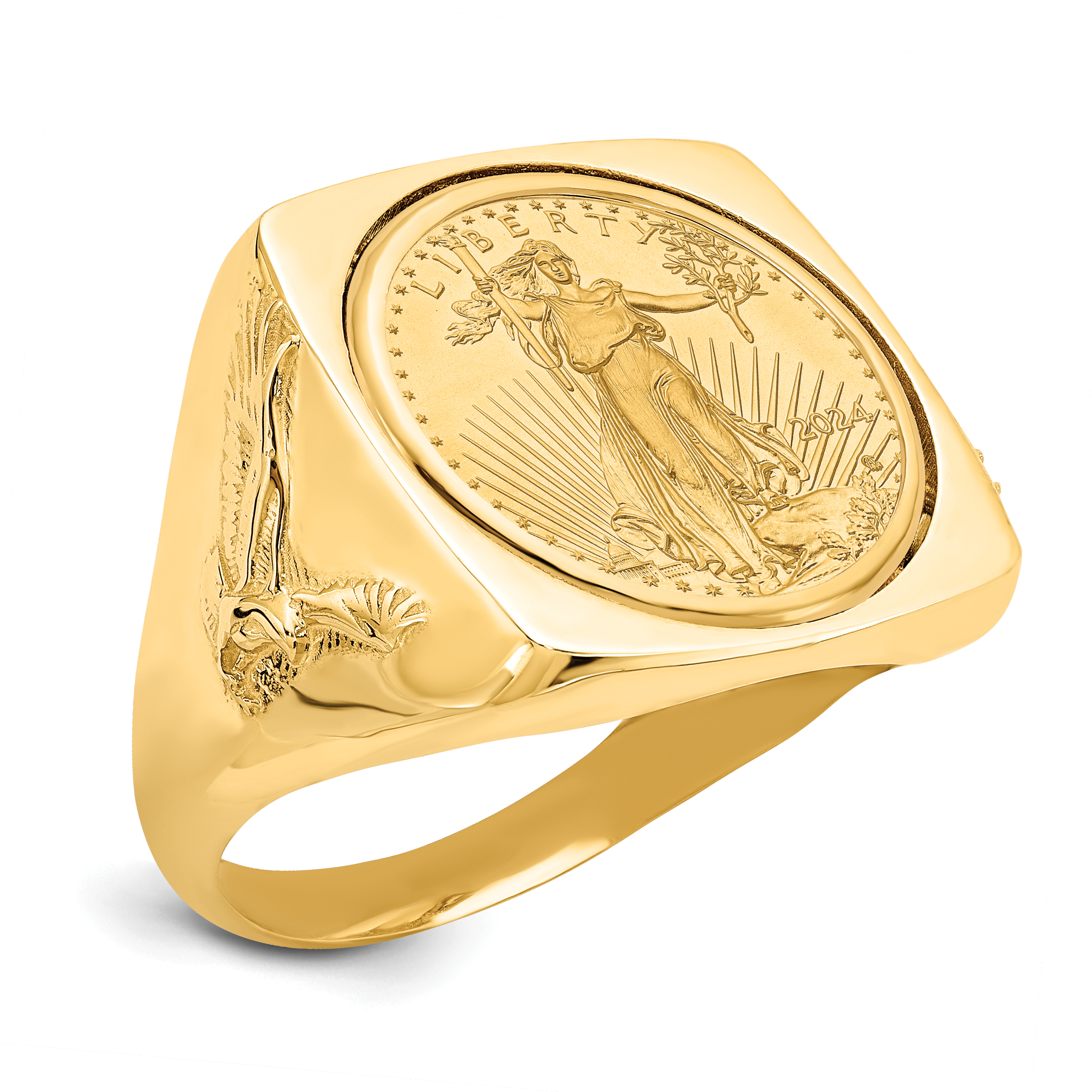 Wideband Distinguished Coin Jewelry 14k Men's Polished with Flying Eagle Side Square Shaped Mounted 1/10oz American Eagle Coin Bezel Ring (CR8/10AEC)