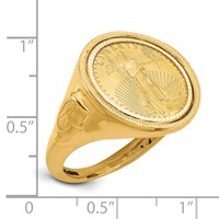 Wideband Distinguished Coin Jewelry 14K Yellow Gold Men's Polished Textured and Diamond-cut Ring with Masonic Sides Mounted 0.10oz American Eagle Coin Bezel view 2