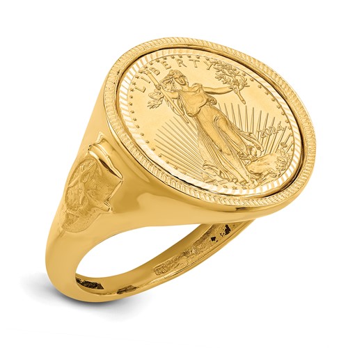 Wideband Distinguished Coin Jewelry 14K Yellow Gold Men's Polished Textured and Diamond-cut Ring with Masonic Sides Mounted 0.10oz American Eagle Coin Bezel
