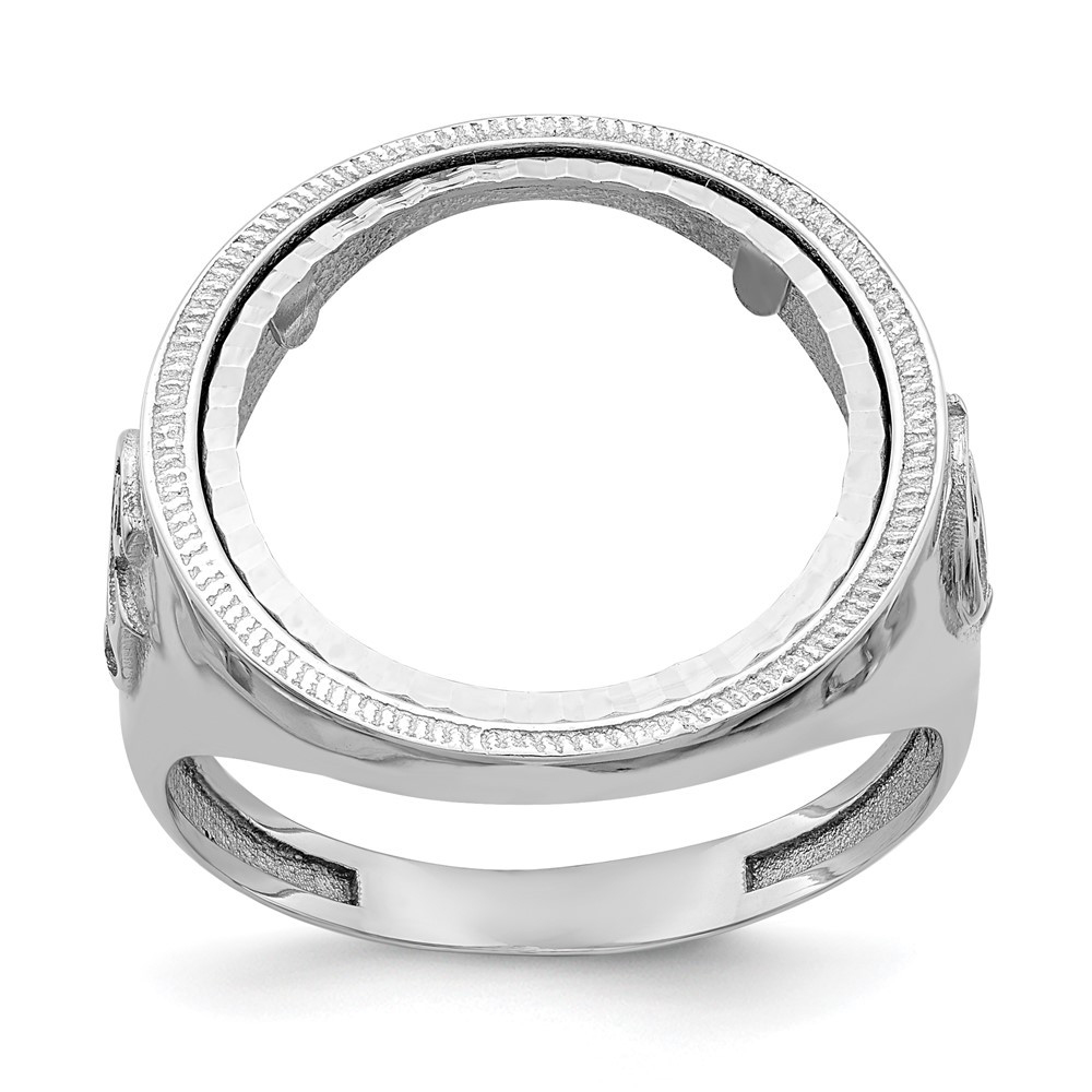 Wideband Distinguished Coin Jewelry 14k White Gold Men's Polished Textured and Diamond-cut with Masonic Sides 16.5mm Coin Bezel Ring (CR9WD/10AE)