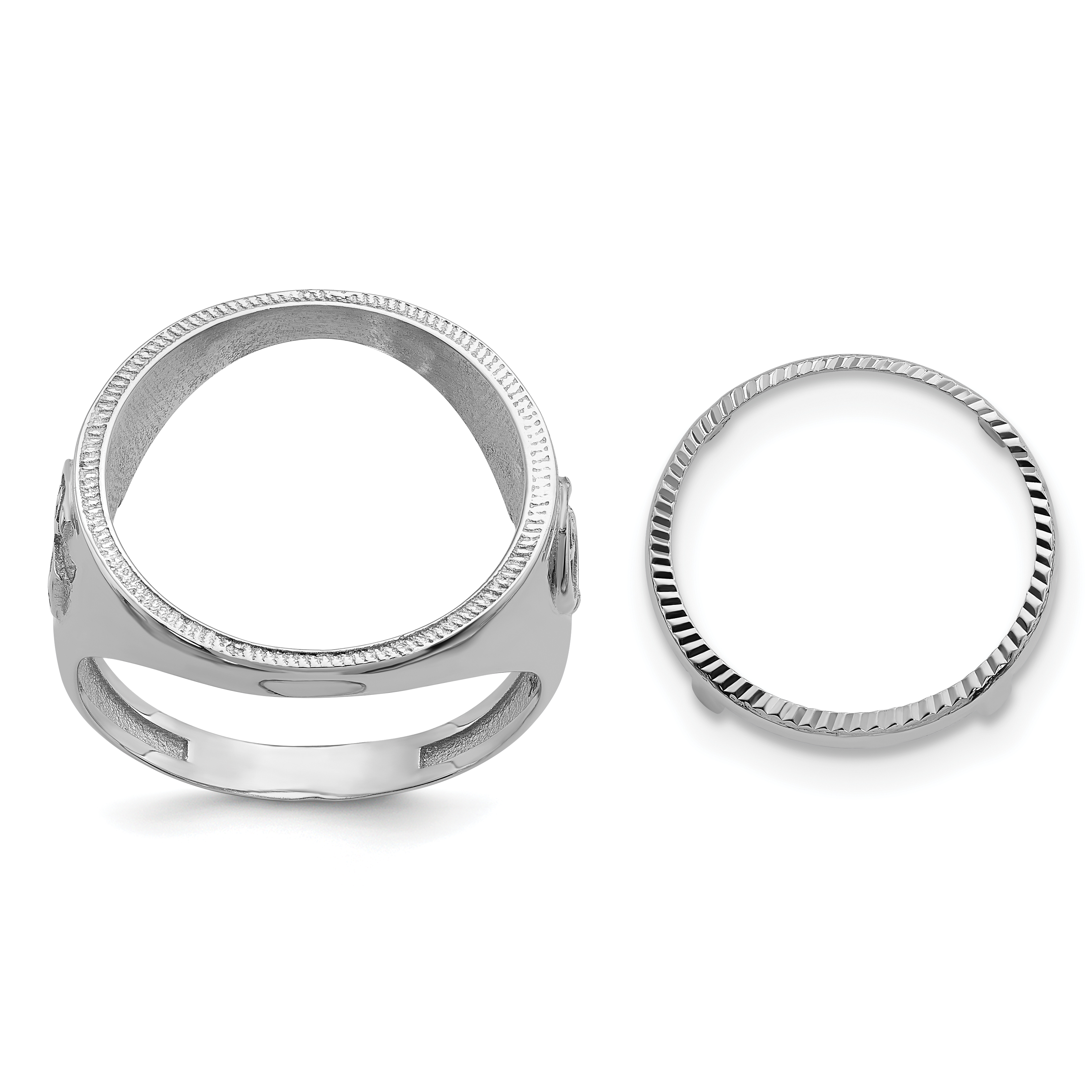 Wideband Distinguished Coin Jewelry 14k White Gold Men's Polished Textured and Diamond-cut with Masonic Sides 16.5mm Coin Bezel Ring (CR9WD/10AE)