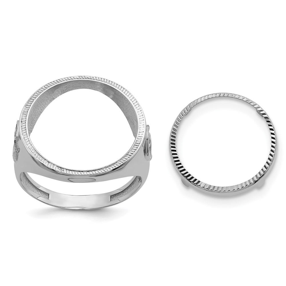 Wideband Distinguished Coin Jewelry 14K White Gold Men's Polished Textured and Diamond-cut Ring with Masonic Sides 16.5mm Coin Bezel