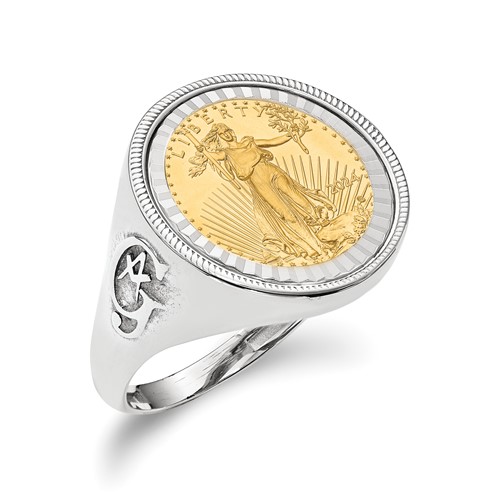 Wideband Distinguished Coin Jewelry 14K White Gold Men's Polished Textured and Diamond-cut Ring with Masonic Sides Mounted 0.10oz American Eagle Coin Bezel
