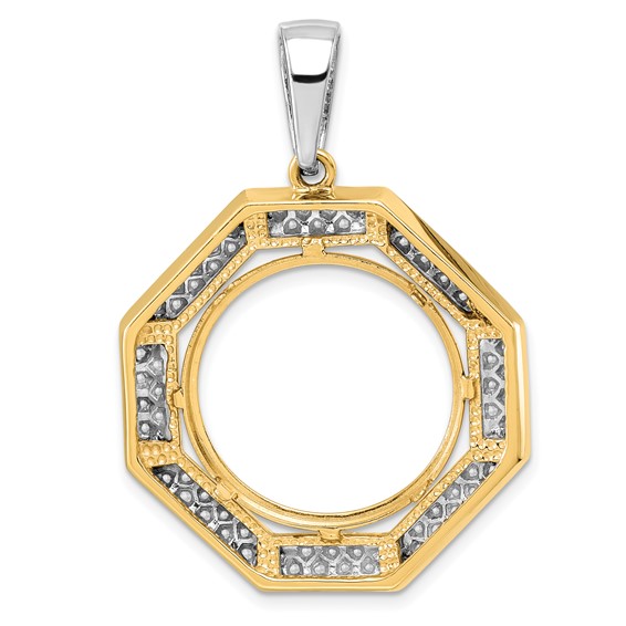 14k Two-tone Diamond Octagonal Prong Coin Bezel Pendant Mounting