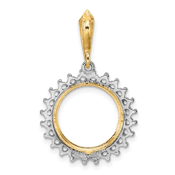 Wideband Distinguished Coin Jewelry 14k Two-tone Polished and Diamond-cut Diamond Circle 13.0mm Prong Coin Bezel Pendant Mounting