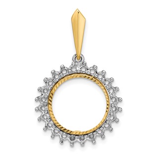 Wideband Distinguished Coin Jewelry 14k Two-tone Polished and Diamond-cut Diamond Circle 13.0mm Prong Coin Bezel Pendant Mounting