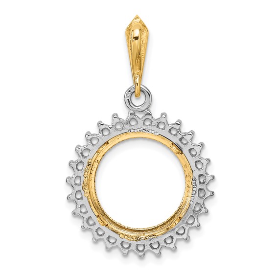Wideband Distinguished Coin Jewelry 14k Two-tone Polished and Diamond-cut Diamond Circle 14.0mm Prong Coin Bezel Pendant Mounting