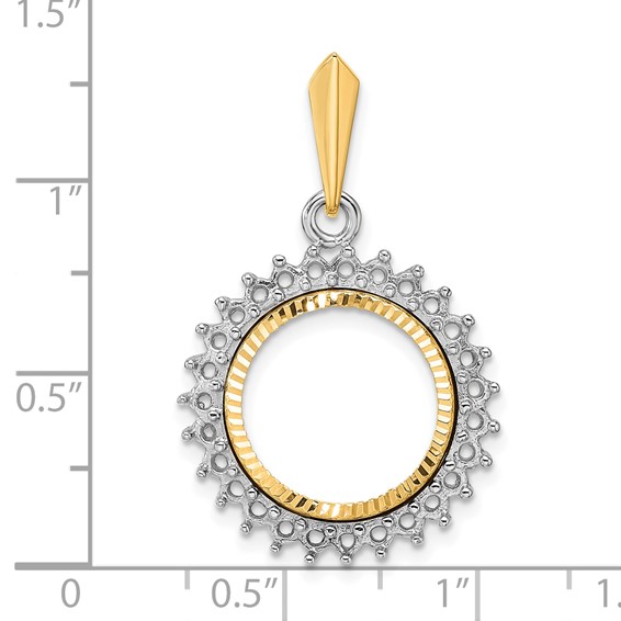 Wideband Distinguished Coin Jewelry 14k Two-tone Polished and Diamond-cut Diamond Circle 14.0mm Prong Coin Bezel Pendant Mounting