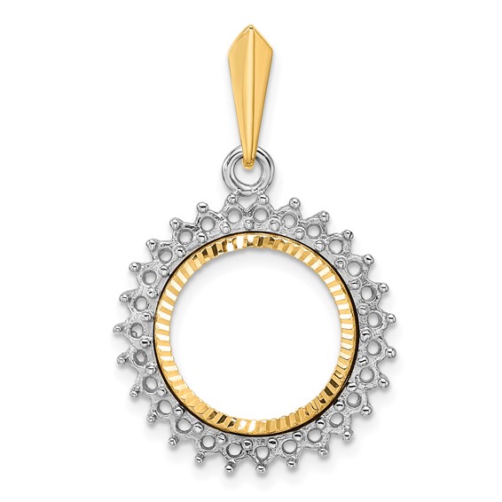 Wideband Distinguished Coin Jewelry 14k Two-tone Polished and Diamond-cut Diamond Circle 14.0mm Prong Coin Bezel Pendant Mounting