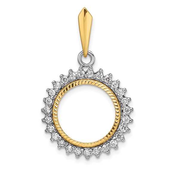 Wideband Distinguished Coin Jewelry 14k Two-tone Polished and Diamond-cut VS Diamond Circle 14.0mm Prong Coin Bezel Pendant